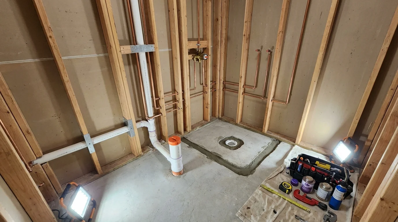 Bathroom rough-in plumbing during remodel by Johns Plumbing LLC in North Manchester
