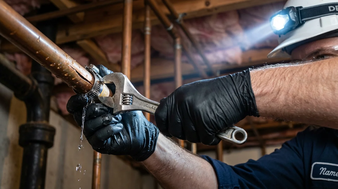Emergency pipe clamp repair being performed by a Johns Plumbing LLC plumber in North Manchester
