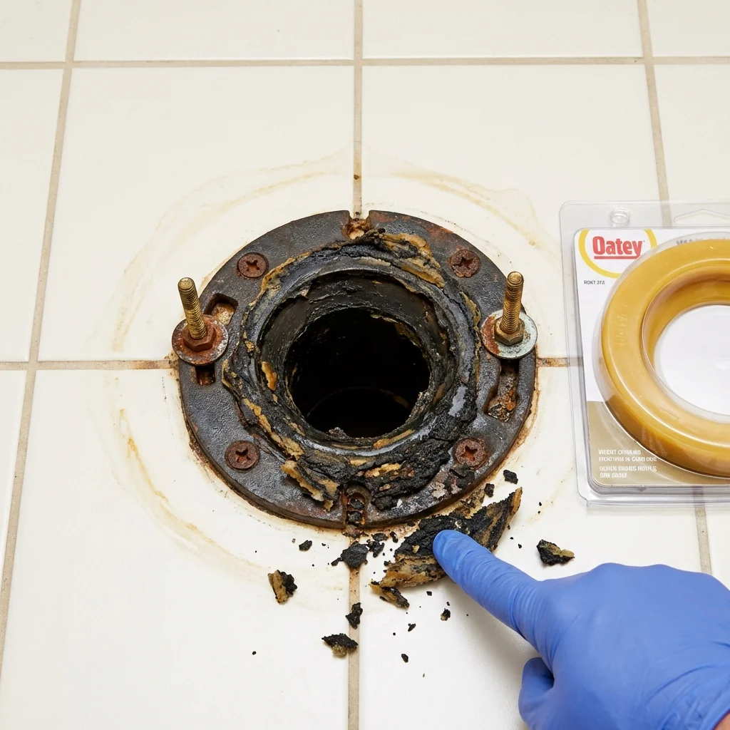 Failed wax ring showing water seepage at the base of a toilet in a North Manchester, IN home