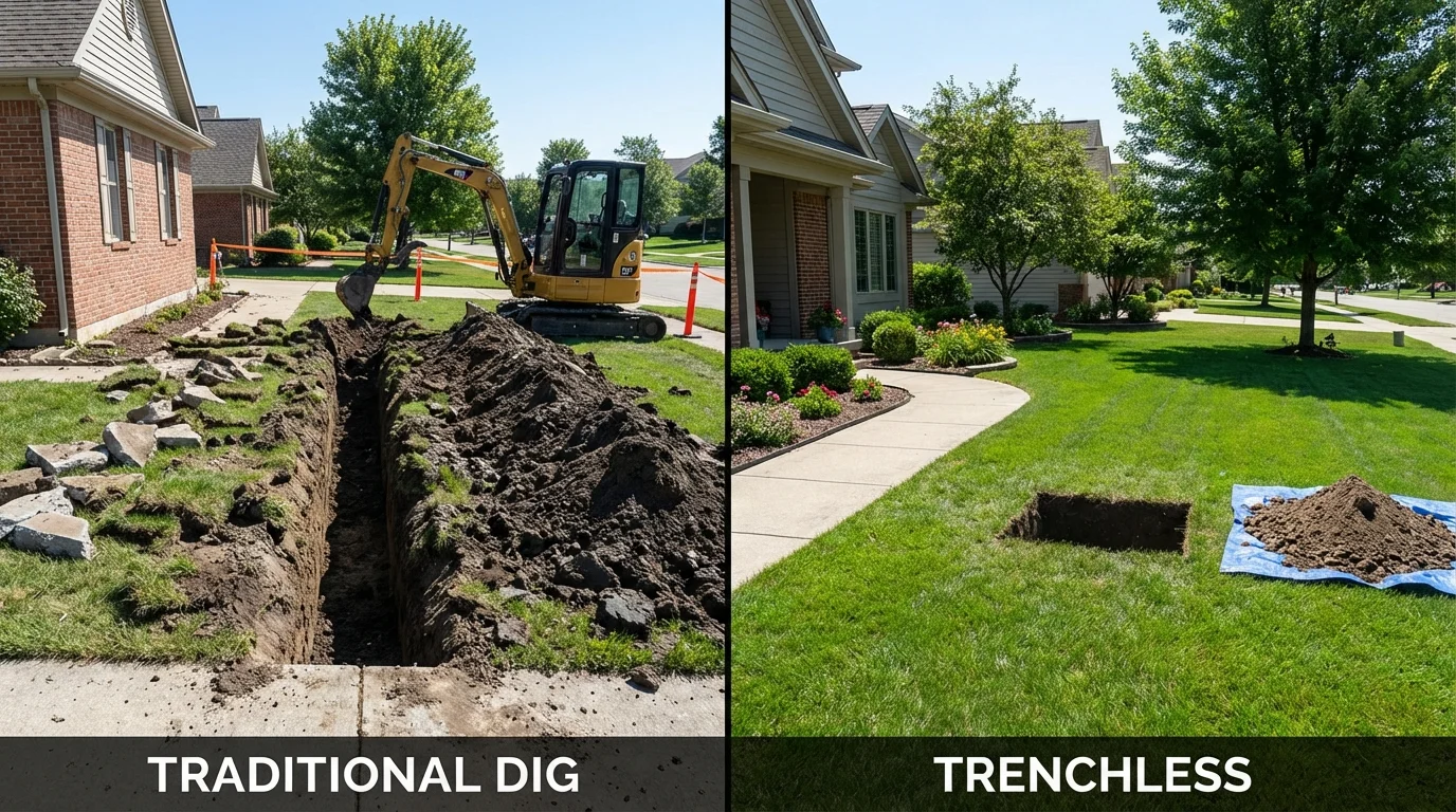 Trenchless sewer repair with minimal yard damage versus traditional excavation in North Manchester, IN