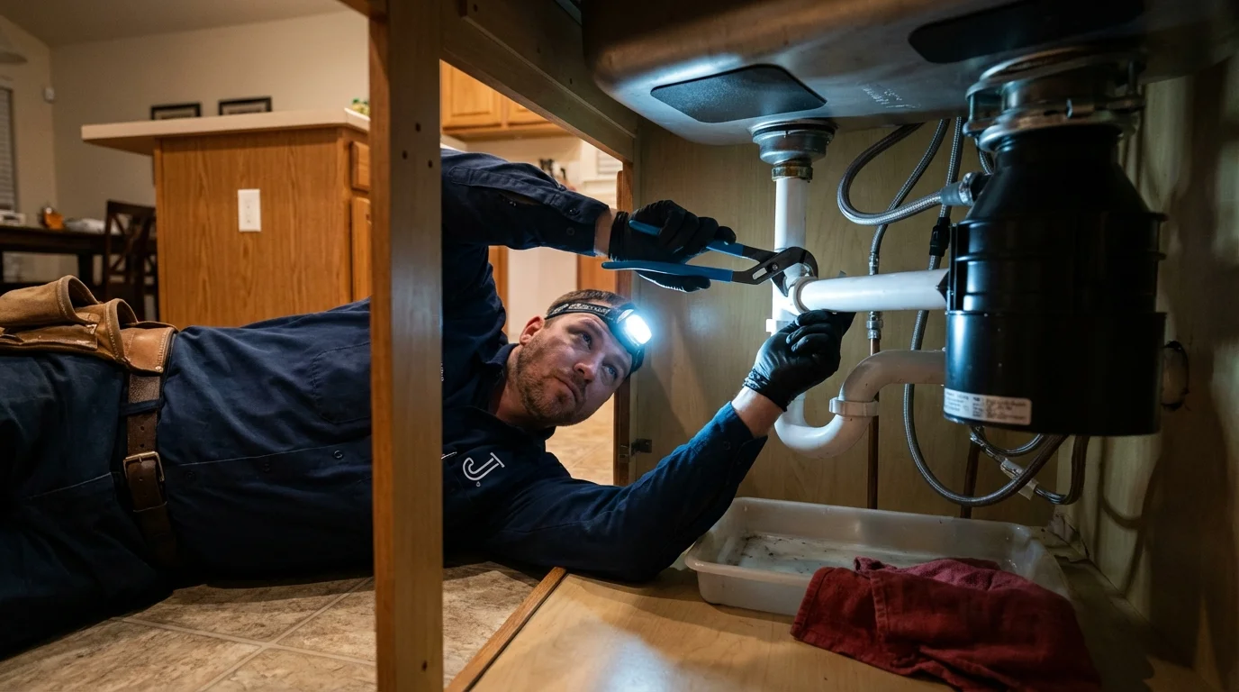 P-trap and supply line connections under a kitchen sink showing a common leak point in North Manchester, IN